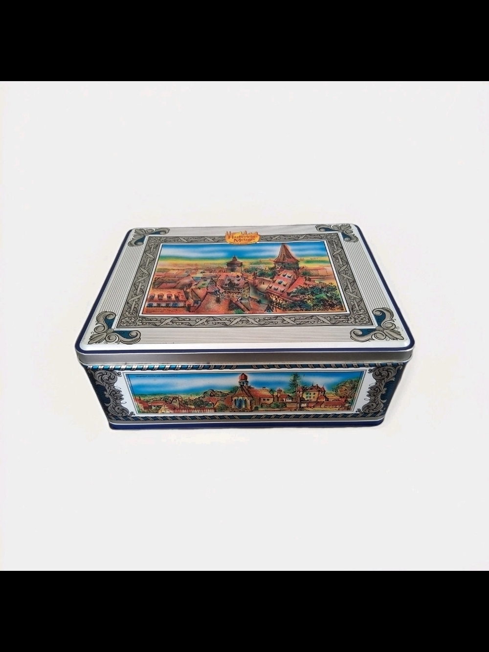 German Metal Tin Box, Pictures Of Germany On Top & Every Side With Descriptions.